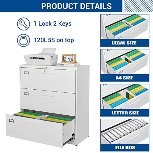 Fesbos Lateral File Cabinet with Lock, 3 Drawer Large Metal Filing Cabinet,Home Office Lockable Storage Cabinet for Hanging Files Letter/Legal/F4/A4 Size-Assembly Required 5