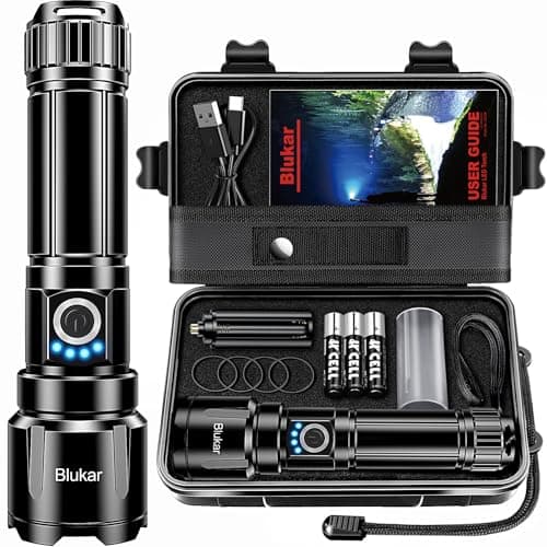 Blukar Rechargeable Flashlight High Lumens, Super Bright LED Powerful Tactical Torch - 5 Light Modes, Zoomable, Long Lasting, Waterproof Handheld Flash Light for Emergency, Camping, Hiking