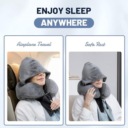 JSELF Travel Pillow with Hood, Neck Pillow for Airplane, Hooded Neck Pillow for Travel, Long Flight, Car, Plane, Office, Sleeping, 100% Pure Memory Foam Head Chin Support Airplane Pillow - Gray 7