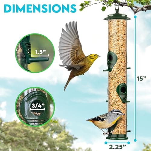Bird Feeders for Outdoors (Green) Squirrel Proof Hanging Bird Feeder with Locking Lid & Adjustable Hanger, Chew-Proof, Weather Resistant 15 Inches 6 Port 6