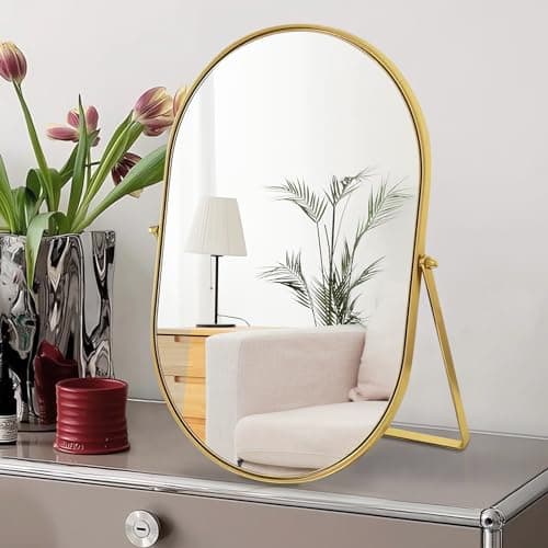 Numjeg Vanity Desk Table Mirror Oval Makeup Mirror 90°Adjustable Rotation Golden Metal Framed Standing Mirrors Room Decor for Living Room,Bedroom,Tabletop,Bathroom 3