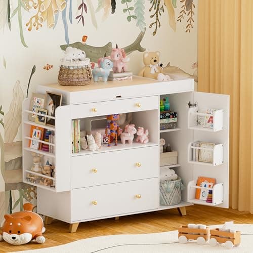 FURNJOYLIFE Nursery Dresser with Baby Changing Table, Modern Diaper Changing Station,Dresser for Nursery with 3 Drawers & Shelves, Storage Crib with Changing Table, White 7