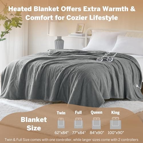 Serta Heated Blanket, Electric King Size Blanket, Soft, Warm, Fuzzy Heating Blanket King for Office, Couch, 1-12 hr Auto Shut Off Timer, 10 Lv Heat Setting, ETL Certified, King 100" x 90" Grey 9