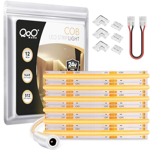 QooWare COB Led Strip Lights, 16.4ft 2700K Warm White LED Strip Lighting, DC24V 2560LEDS CRI 90+ 8mm Flexible Uniform Led Lights for Bedroom, TV, Under Cabinet Lights(No Adapter or Controller)