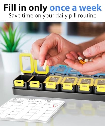 Large Weekly Pill Organizer 2 Times a Day – AM/PM Medicine Organizer with Thick Silicone Seal, Upgraded Secure Locks, Moisture-Proof Pill Box with Removable Rows for Travel, Fits Large Supplements 7