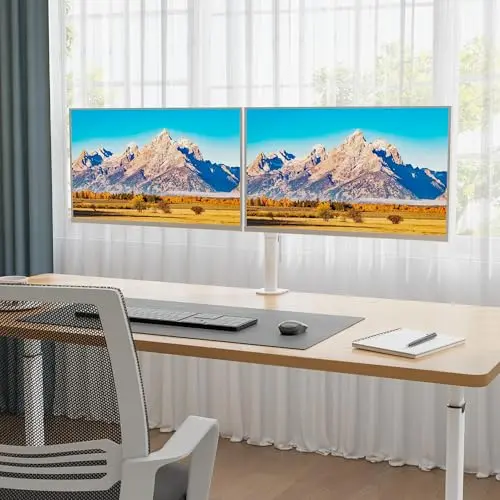 BONTEC Dual Monitor Desk Mount, Full Motion Adjustable White Monitor Stand for 13–27 Inch Screens, Heavy Duty Arms Hold 22 lbs Each, VESA 75x75/100x100, C Clamp and Grommet Base, Cable Management 2
