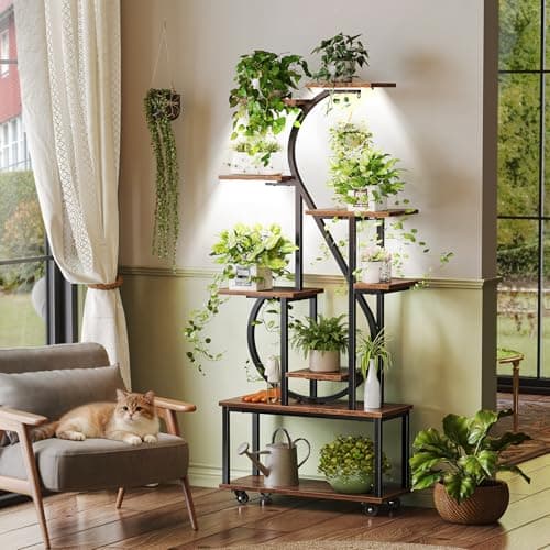 PRAISUN 65 Inch Plant Stand with Grow Light, 9 Tiered Indoor Plant Shelf with Larger Flower Holder, Music Note-shaped Stand with Top Ring Hook , Corner Plant Rack for Living Room, Rustic Brown 9