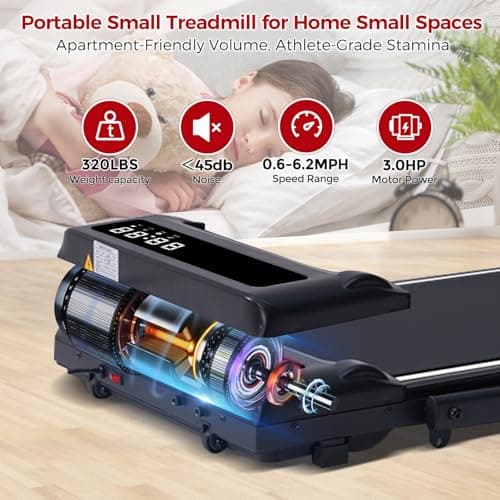Treadmill with Handles for Home Small, 3.0HP Electric Compact Walking Pad Treadmills with Handle Bar, 0.6-6.2MPH Portable Under Desk Treadmill Home for Small Space, 320LBS 6