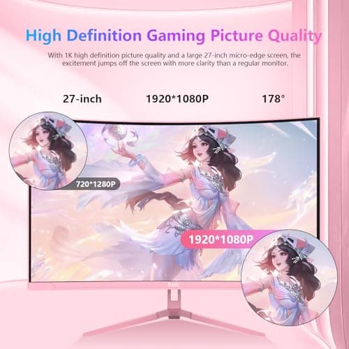 DJiEX 27 inch Curved Pink Gaming Monitor 100Hz,QHD(1920 ×1080),1ms,1500R,VA Screen,FreeSync,Low Blue Light, Flicker Free,Eye-Care, DP, HDMI Port for Gaming Home Office,Supports Wall Mount (75 * 75mm) 7