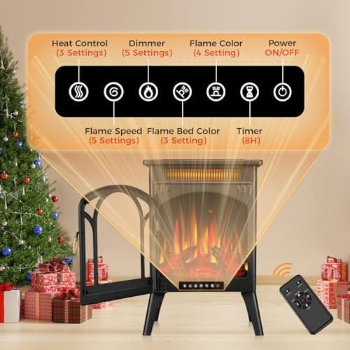 Electric Fireplace Stove, 1500W, Fast Heating, X Infrared Fireplace Heater with Remote Control, 8H Timer, Freestanding Stove with Adjustable 3D Flame Overheat Protection, Indoor Fireplace 7