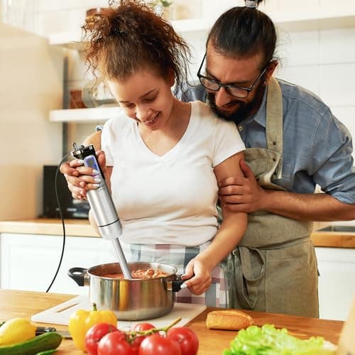 MuellerLiving Ultra-Stick Immersion Hand Blender, 500W Heavy Duty Motor, 8-Speed Turbo Setting, Includes Blending Shaft, Whisk, Milk Frother & Measuring Beaker 9