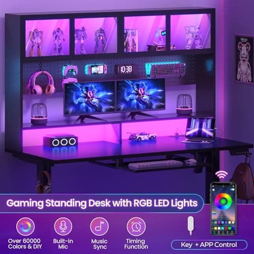 SEDETA Electric Standing Desk with Storage, Gaming Desk with Hutch and Pegboard, Sit Stand Up Desk with Led Lights, Power Outlet, Monitor Shelf, Keyboard Tray for Home Office, Black 8