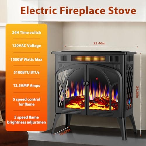 ZAFRO 24-inch Electric Fireplace Heater, 5100 BTU Freestanding Portable Electric Fireplace Stove with Remote Control & Timer, Adjustable Flame Color, 500W/1500W, Black 5