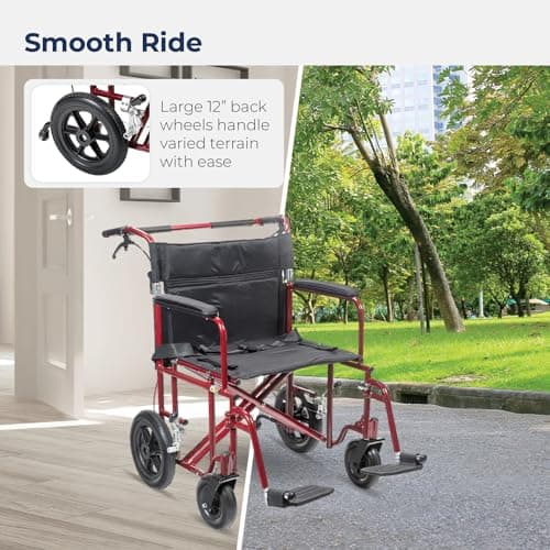 Drive Medical Bariatric Transport Chair FoldingOutdoorFull Length Arms with 12 Inches Rear Flat Free Wheels, Red, 22 Inches 6