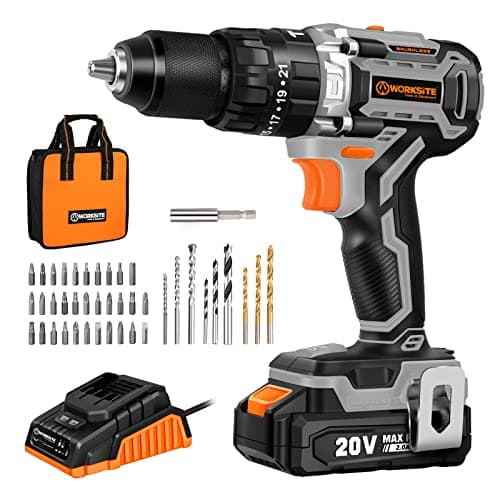 WORKSITE Drill Brushless, Power Drill Driver, Drill Bit Set with 1/2” All-Metal Chuck, 530 In-lb Torque, 2-Speed, Impact Function and 42pcs Accessories, Battery & Fast Charger Included