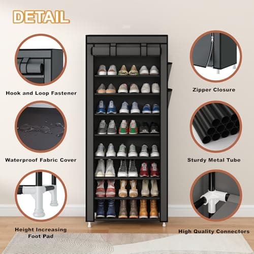 Calmootey 9 Tier Shoe Rack Organizer,Portable Shoe Shelf with Nonwoven Fabric Cover for Closet Hallway,Bedroom,Entryway,Grey 8