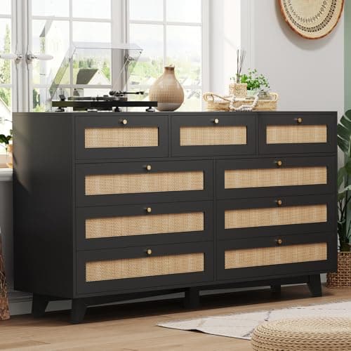 AOGLLATI Black Rattan Dresser for Bedroom with 9 Drawer, Modern Double Wooden Long Bedroom Dresser, Chest of Drawers with Metal Handle & Solid Wood Legs for Bedroom/Living Room, Black 6