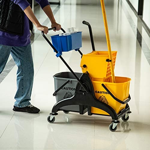 HOMCOM 2 x 6.9 Gallon Mop Water Bucket Wringer Cart with Easy to Use Side Press Wringer, Smooth Wheels, Mop-Handle Holder 8