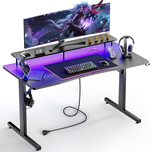 GTPLAYER 55 Inch Gaming Desk with LED Lights & Power Outlet, Computer Gamer Desk with Monitor Stand, Ergonomic Carbon Fiber Gaming Table Home Office Desk with Headphone Hook & Mouse Pad