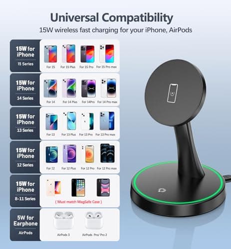 Magnetic Wireless Charger Stand 15W Fast Mag-Safe Charger for iPhone 17/17 pro/ 17 Air/ 17 pro max 16/15/14/13/12 Series Magnet Wireless Charging Station/Pad with Sleep-Friendly Light for AirPods 7