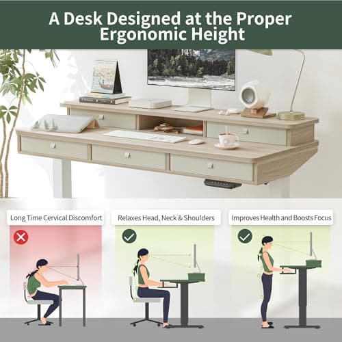 FEZIBO Height Adjustable Electric Standing Desk with 5 Drawers, 55 x 24 Inch Table with Storage Shelf, Sit Stand Desk White Frame/Light Walnut Top, 55 inch 6