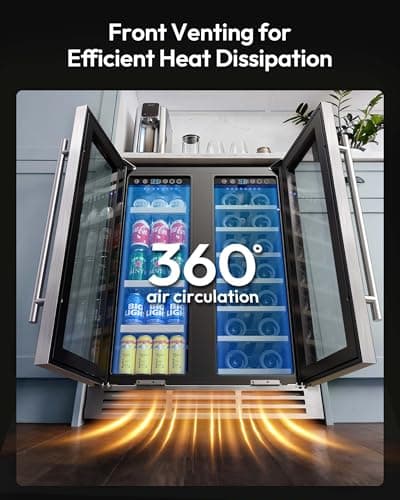 EUHOMY Wine and Beverage Refrigerator, 24 Inch Dual Zone Wine Cooler with Glass Door Hold 21 Bottles and 88 Cans, Built in or Under Counter Wine Fridge with Blue LED Light 6