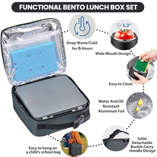 Bento Lunch Box with 8oz Soup Thermo,Kids Leakproof 4 Compartment Lunch Food Containers with Sauce Cup and Ice Pack,Kids Thermo Insulated Hot Food Jar and Lunch Bag for School,Trvael-Black 3