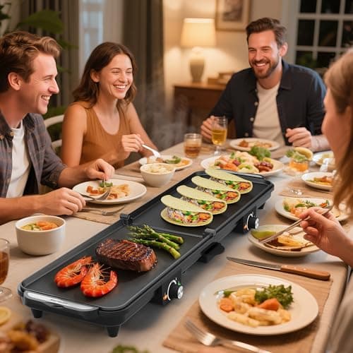 Sunvivi Large Electric Griddle 38'' x 9'', 1600W Indoor Grill with 2 Adjustable Temp Knobs, Even Heating, Nonstick Plate, Foldable Electric Grill Pan Indoor with Drip Tray, Easy to Clean 9