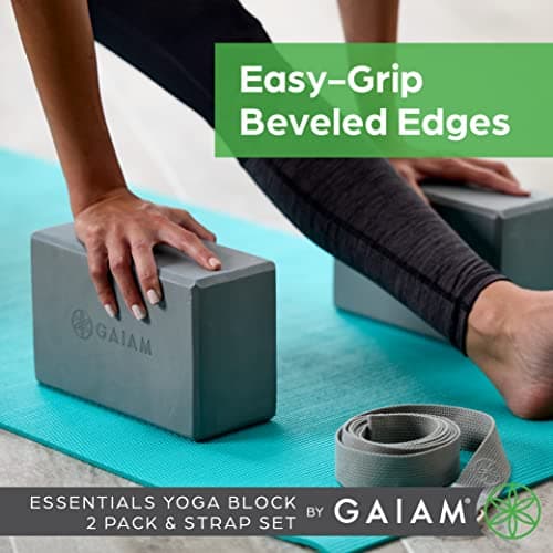 Gaiam Yoga Block & Yoga Strap Combo Set - Yoga Block with Strap, Pilates & Yoga Props to Help Extend & Deepen Stretches, Yoga Kit for Stability, Balance & Optimal Alignment, 2 5