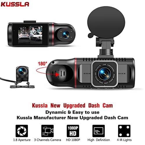 Kussla Dash Cam Front and Rear Inside, 1080P 3 Channel Dash Camera for Cars with 64GB Card, Super Night Vision Dashcam, Car Camera with Loop Recording, G-Sensor, WDR, 24H Parking Monitor 9