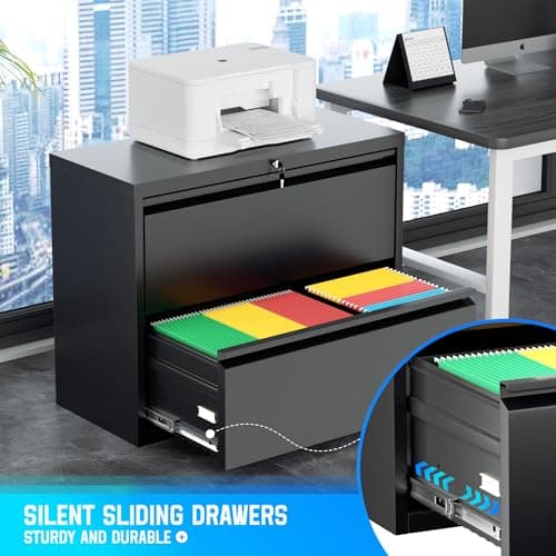 Greenvelly 2 Drawer Filing Cabinet, Black Metal Lateral File Cabinet with Lock, Office File Cabinets for Legal/Letter/A4/F4 Size with Hanging Files&Key, Lockable File Cabinet for Home Office 5