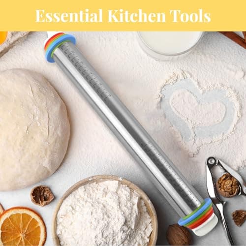 Adjustable Rolling Pin with 4 Thickness Rings for Baking, 17” Stainless Steel Dough Roller with Clear Measurement Markings for Pizza, Fondant, Pie, Cookies, Baking Supplies, Pastry, Pasta 7