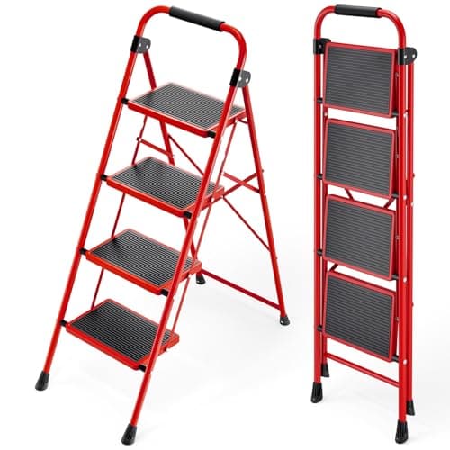 KINGRACK Step Ladder, Folding Ladder with Non-Slip and Wide Pedal, Small Ladders with Handle, Heavy Duty Steel Ladder, Lightweight Step Ladder (Red, 4 Step Ladder)