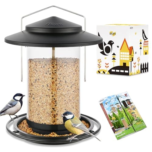 iBorn Metal Bird Feeders for Outdoors Hanging,Wild Bird Feeders for Cardinal,18cm Large Roof&Tray Black 6 Port (Seed is not Included)
