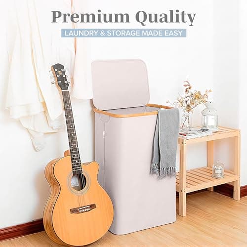 LONBET Laundry Basket with Lid, Made from Breathable Fabric | Aesthetic Clothes Hampers for Laundry with Side Handles & Sturdy Bamboo Frame (26 Gallons - Single, Beige) 8