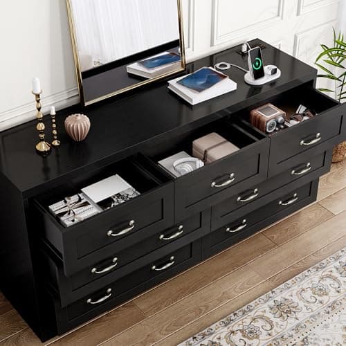 DWVO Farmhouse 7 Drawer Dresser for Bedroom, 31.5 Inch Tall Modern Dresser TV Stand with Large Drawers & Bar Handles, Storage Dressers with Power Outlets, Rustic Wood Chest of Drawers, Black 5