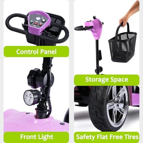 SAYYEAH 4 Wheels Mobility Scooter for Adults&Seniors, Max Speed:6mph, Mobility Scooter for Travel, with LED Headlights and Basket, Charger Included, (Purple/red/Blue/Silver) (Purple) 5