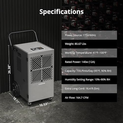 Kesnos 155 Pints Commercial Dehumidifier with Pump – Dehumidifier with Drain Hose and 24 Hr Timer in Large Space Up to 7500 Sq. Ft. – Ideal for Basements, Industrial Spaces and Job Sites 6