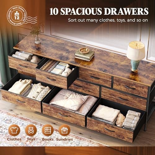 Huuger 63 Inch Dresser for Bedroom, Long Dresser with 10 Fabric Drawers, TV Stand for 55, 65, 70 Inch TV, Toy Storage Organizer for Closet, Rustic Brown 5
