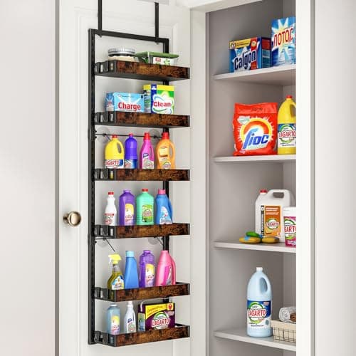 bukfen Over the Door Pantry Organizer, 6-Tier Adjustable Wooden Basket Kitchen Pantry Door Organization and Storage, Heavy-Duty Metal Hanging Kitchen Spice Rack,D6.3 x W17.71 x H50.60 inch,1 Pack 9