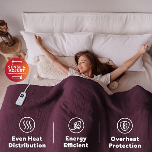 Sunbeam Royal Ultra Fleece Heated Electric Blanket Full Size, 84" x 72", 12 Heat Settings, 12-Hour Selectable Auto Shut-Off, Fast Heating, Machine Washable, Warm and Cozy, Claret 5