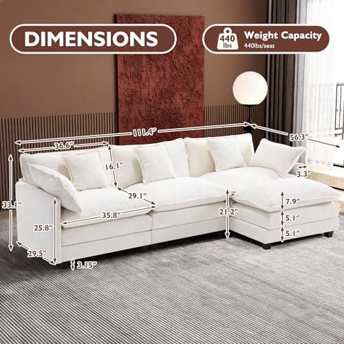 Ihanherry 111.4" L Shaped Modern Sofa Modular Sectional Cloud Couch with Ottoman, 4-Seat Chenille Deep Seat Sofa with Pillow for Living Room, Bedroom and Apartment, Beige 6
