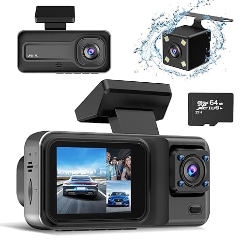 4K 3 Channel Dash Cam with 64GB Card, 4K+1080P+1440P Dash Cam Front and Rear Inside, Dash Camera for Cars with, Loop Recording, Motion Detection, 24H Parking Mode, Super Night Vision