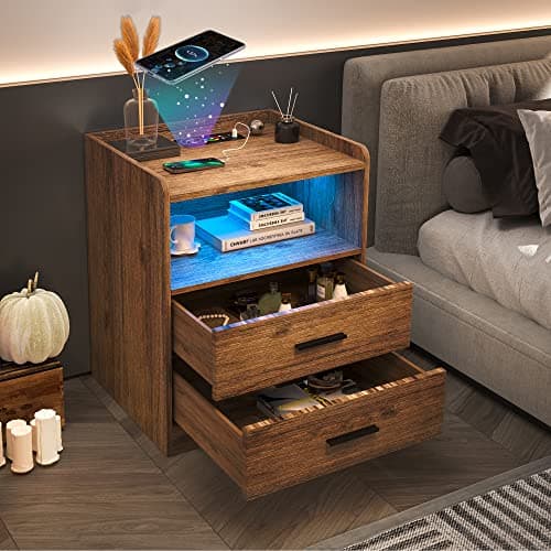 dnbss LED Nightstand with Charging Station, Modern Night Stands with 24-Color RGB LED Lights, Smart Lighted Bedside Table with 2 Drawers for Bedroom (Brown)