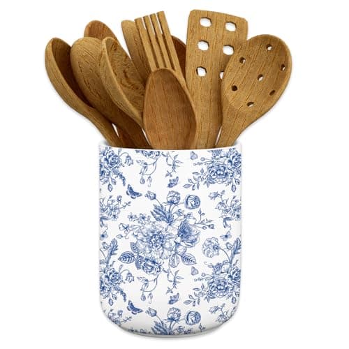JarThenaAMCS Chinoiserie Floral Ceramic Utensil Holder Blue Flower Butterfly Utensil Crock for Home Kitchen Countertop Storage Organizer Container