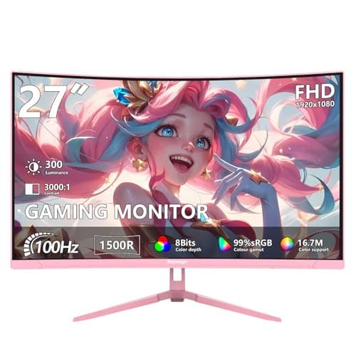 Raywego Pink 27 inch Curved Gaming Monitor 100Hz,FHD 1080P,1500R LED Display,Pink Computer Monitor,3ms (MPRT),FreeSync,Eye-Care Technology, DP, HDMI Port for Gaming Home Office,VESA(75mm×75mm)