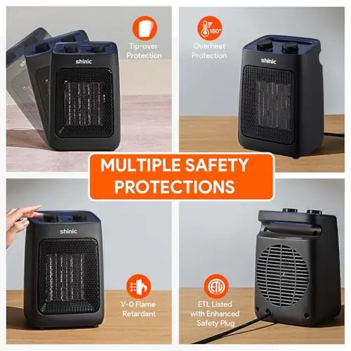 shinic Portable Space Heater with Thermostat, 1500W Small PTC Ceramic Office Heater for Indoor use, 2S Fast Heating, Overheat & Tip-Over Protection, ETL Listed for Home Pets (Dark Blue) 6