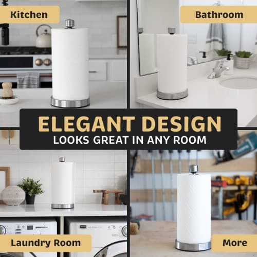 Heavy-Duty Stainless Steel Paper Towel Holder - Easy One-Handed Tear with Suction Cups - Modern Weighted Standing Countertop Dispenser for Kitchen - Holds All Paper Towel Rolls, Silver 5