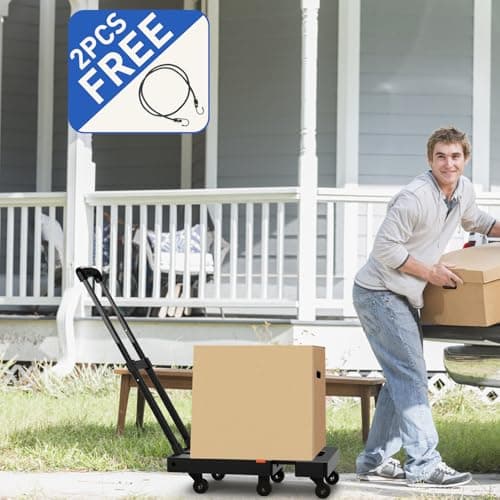 SPACEKEEPER Folding Hand Truck, 500 LB Heavy Duty Luggage Cart, Utility Dolly Platform Cart with 6 Wheels & 2 Elastic Ropes for Luggage, Travel, Moving, Shopping, Office Use, Black 6