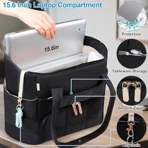Partreko Work Laptop Tote Bags with Insulated Lunch Compartment& Clutch Purse, Lightweight Puffer Lunch Tote Bag with 15.6 Inch Laptop Compartment for Women Daily Business Office Teacher Nurse (Black) 6